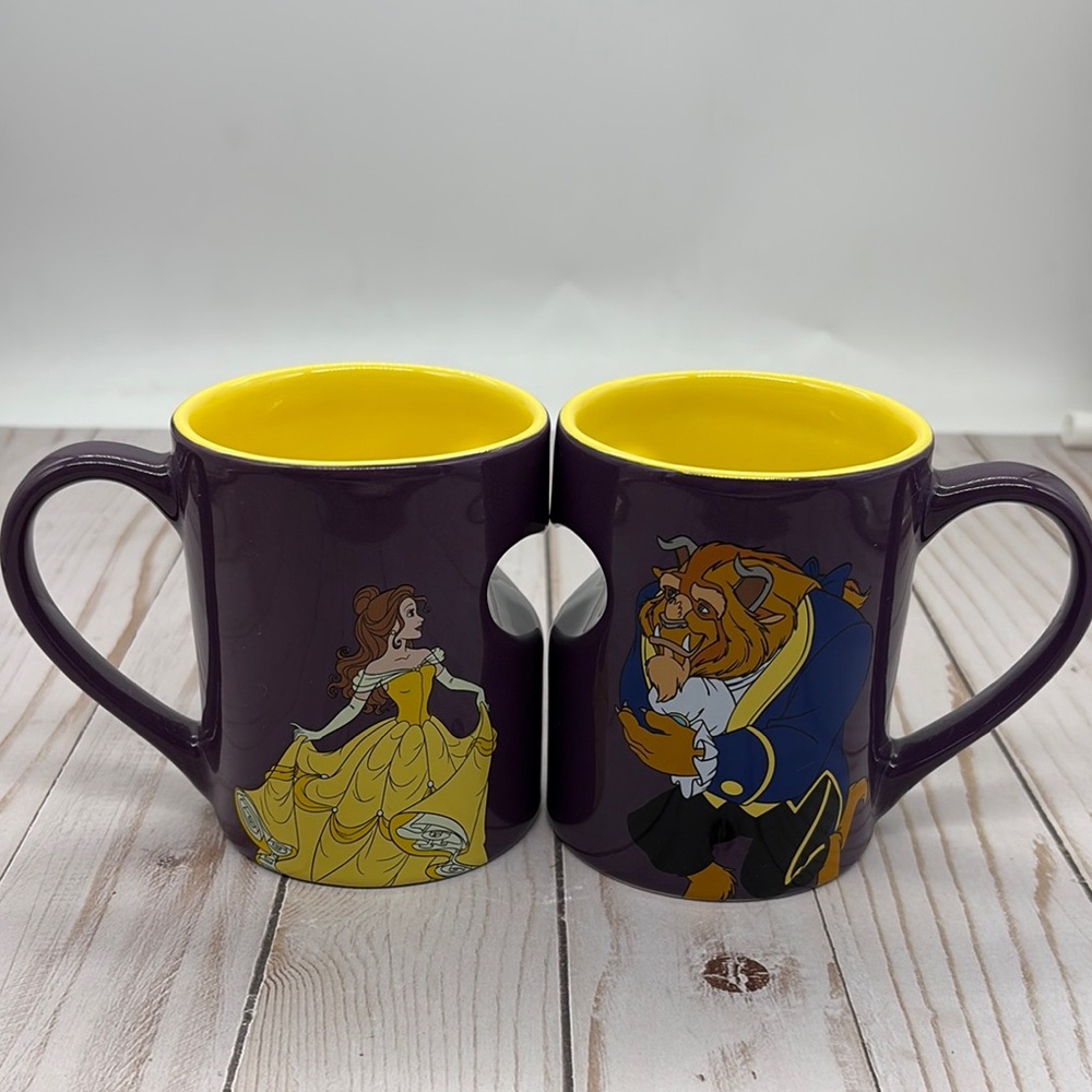 Disney Beauty and The Beast 2 Piece Mug Set Heart Shaped Cut Out Collectable